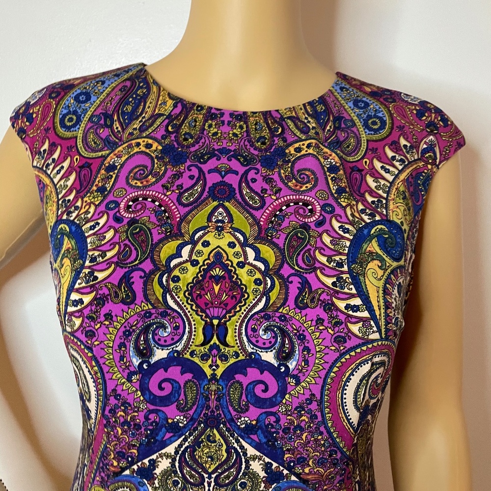 Purple green yellow navy paisley sheath midi dress - Picture 5 of 12